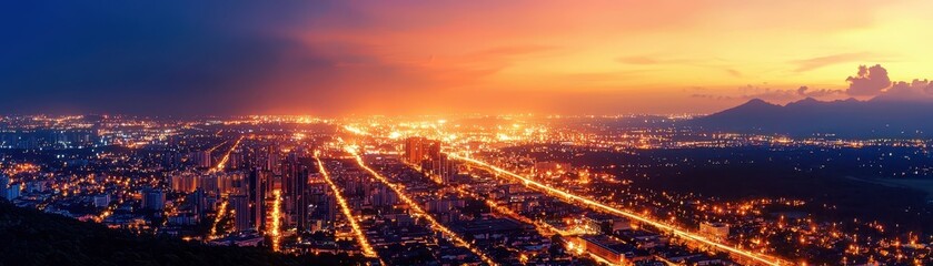 Fototapeta premium A stunning panoramic view of a cityscape illuminated by a vibrant sunset, showcasing a blend of natural beauty and urban architecture.