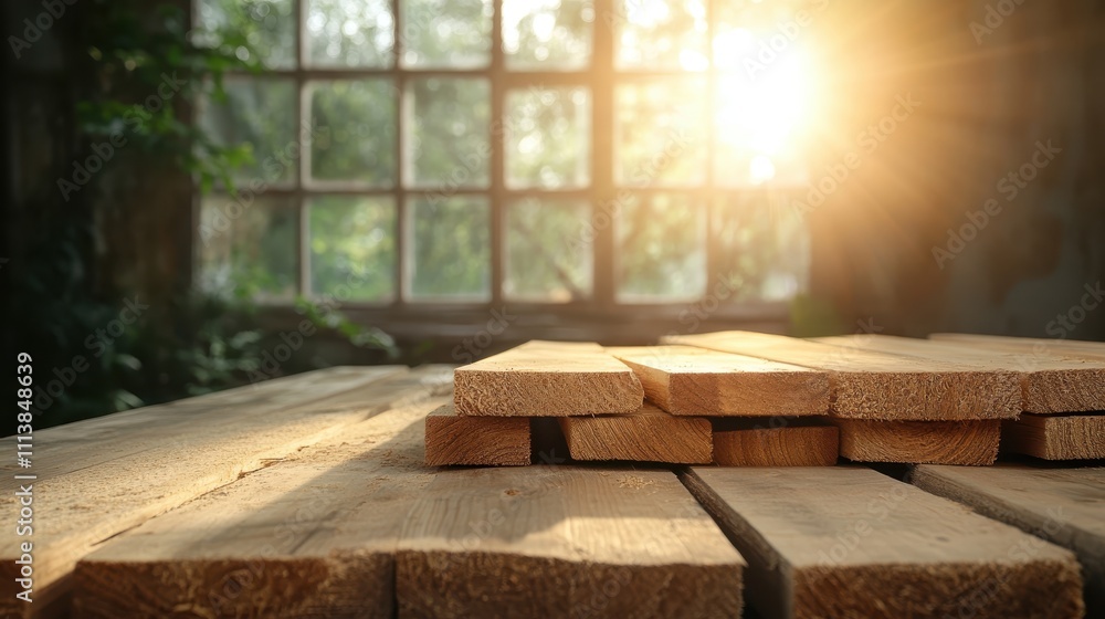 Poster sunlight streams through large windows, illuminating neatly stacked wooden planks in a rustic room, 