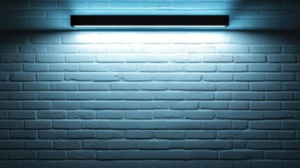 A minimalist white brick wall illuminated by a sleek black light fixture at the top, casting a cool blue glow onto the surface below. 