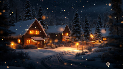Fototapeta premium Snow-covered cabins glowing with warm light in a serene winter night forest