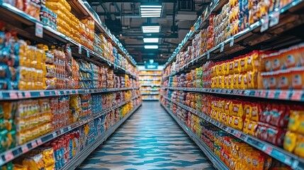 Fototapeta premium Long aisle filled with colorful packaged goods in a grocery store during daytime shopping hours