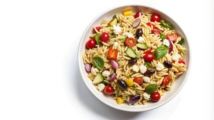 Orzo pasta salad with tomatoes, cucumber, feta cheese, and olives