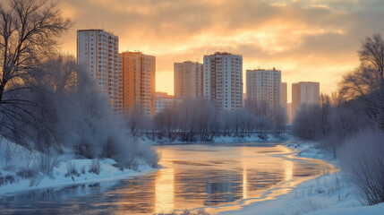 Obraz premium serene winter cityscape with snow-covered trees, a frozen river, and apartment buildings glowing under a golden sunset sky
