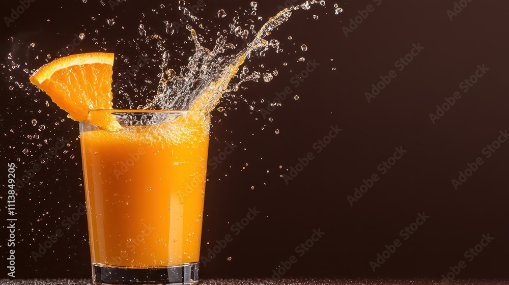 Poster a refreshing burst of orange juice splashes dynamically in a glass, showcasing vibrancy and freshnes