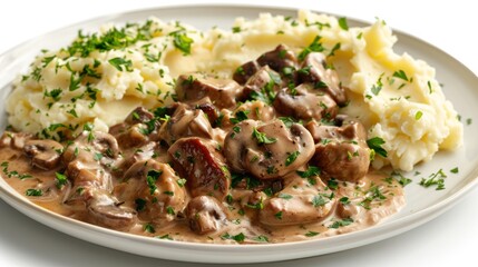 A plate of creamy mushroom sauce served with mashed potatoes, garnished with herbs.