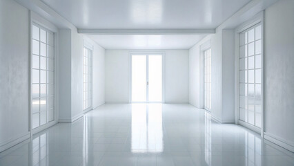 Fototapeta premium Bright, spacious empty room with large glass windows and minimalist white interior. The clean design, glossy floor, and symmetry create an airy, modern space ideal for real estate or interior concepts