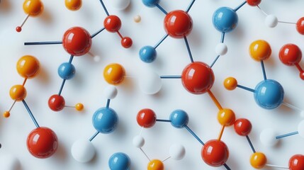 Obraz premium A colorful abstract representation of molecules displayed on a white background, showcasing different colored spheres connected by rods.