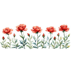 Obraz premium A seamless floral pattern featuring blooming red flowers and green stems, perfect for decorative borders, designs, or nature themes.