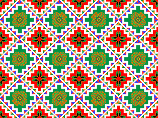 Hmong ethnic fabric pattern designed in the style of white Hmong, green and red.