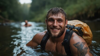 A tattooed, bearded adventurer in a forest river embraces the joys of nature, showcasing the thrill and freedom of outdoor exploration.