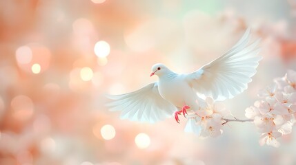 Fototapeta premium A serene white dove perched on a branch with soft blossoms in a dreamy background.