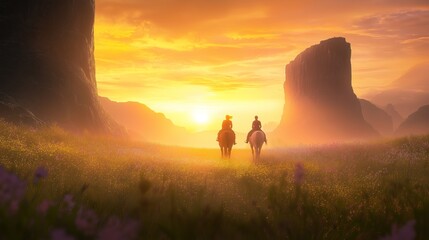 Fototapeta premium Hourse Riding Journey Into the Sunset: Riders on a Magical Path