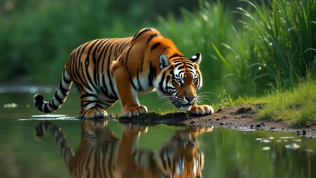 Majestic Bengal Tiger Prowling Near Water, Reflecting in Tranquil Habitat