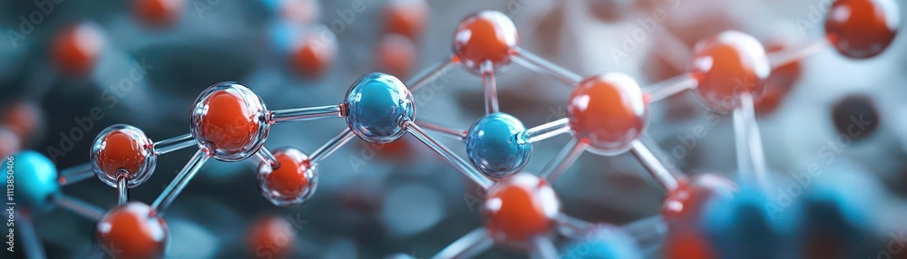 Poster a close-up view of interconnected molecular structures with colorful atoms, representing scientific 