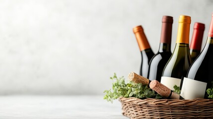 An elegant display of a rustic basket filled with various wine bottles and corks, accentuated by lush green decorations, exuding a sense of refined taste and allure.