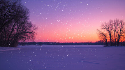 tranquil snowy landscape at twilight with bare trees and snowflakes falling against a vibrant purple and orange sky