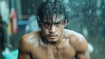 A shirtless man stands focused and intense under a deluge of rain, capturing a moment of sheer determination and resolve amidst the harsh weather elements.