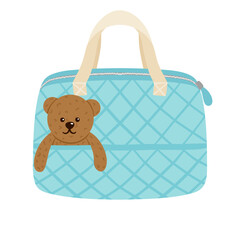 Diaper bag with bear toy vector illustration, blue. Baby care bag, diaper changing bag