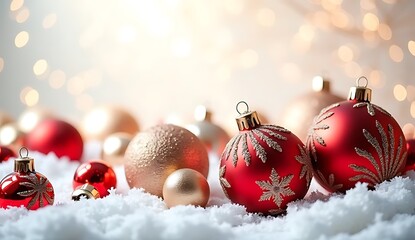 Group of Red, Gold, and Silver Christmas Baubles, Snowflakes Falling on White Background.
