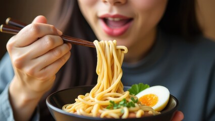 A Woman Eating Udon Noodle