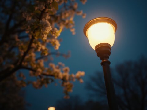 Blooming tree and illuminated street lamp at twilight