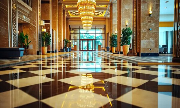 Elegant hotel lobby with polished floors and luxurious chandeliers.