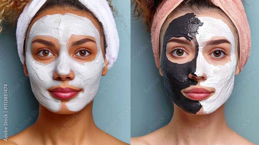 Aufkleber caucasian women with different cosmetic masks on faces portrait images set. females showing spa trea