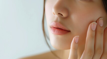 Young woman touching perfect smooth facial skin closeup image. Pretty female with puffy lips close up photography. Cosmetic procedures for wellbeing concept photo realistic