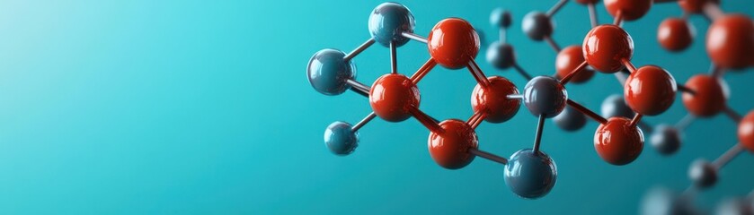 A vibrant molecular structure featuring red and blue atoms interconnected, set against a soft gradient background.