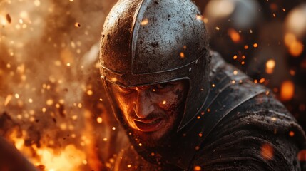 A determined knight with a fierce expression battles amidst blazing sparks, evoking the intensity and bravery of medieval warfare.