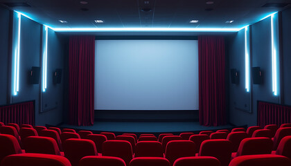 Silent Movie Theater with Rows of Empty Seats and a Blank Screen, empty movie theater with unoccupied red seats and a blank screen