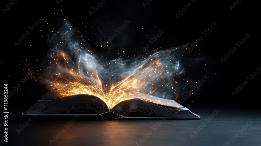 Poster an enchanting open book releases streams of glowing light and sparkles, suggesting the wondrous and 