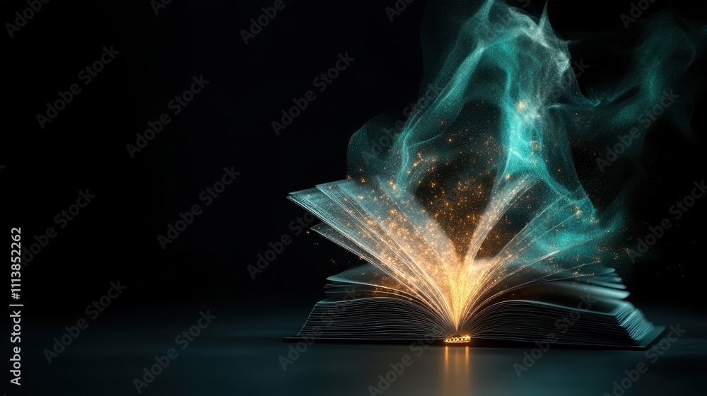 Poster an open book glows with ethereal blue and gold lights, creating a sense of wonder and mystery, as if