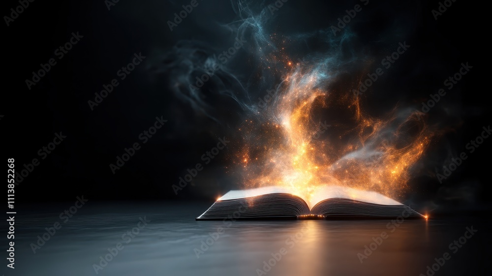 Poster this image features an open book that dazzles with an explosion of magical light and sparkles, symbo