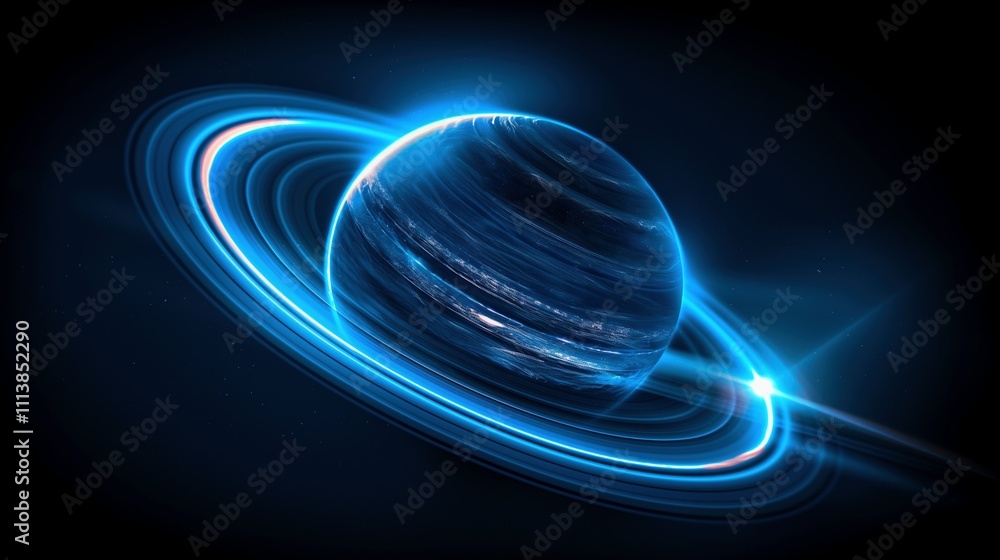 Poster flaring ring planet with neon lights 3d rendering image. saturn like gas giant in dark expanse backg