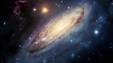 Luminous spiral galaxy and with sparks in dark sky image. Majestic space formation of gas and dust photography scene wallpaper. Outer space beauty concept photorealistic photo