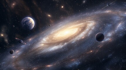 Foggy spiral galaxy glowing in universe image. Rotating star dust and planets cluster photography scene wallpaper. Outer space exploration program concept photorealistic photo