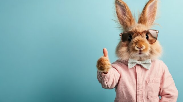 A fashionable rabbit with sunglasses and a bow tie offers a thumbs-up sign, exuding coolness and confidence against a bright and cheerful background.