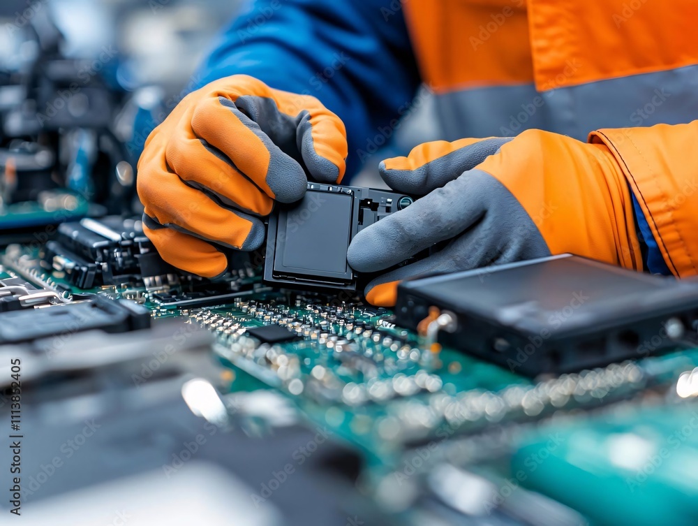 Poster a technician assembles electronic components on a circuit board, showcasing precision and skill in t
