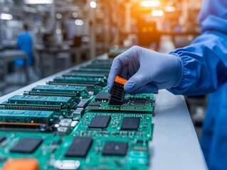 A technician assembles electronic components on circuit boards in a modern manufacturing facility.
