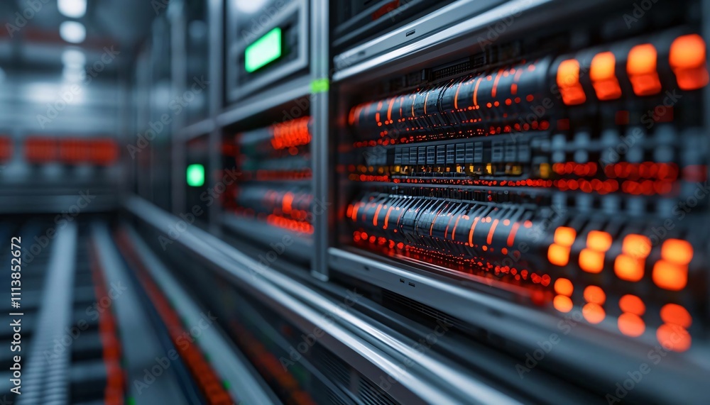 Poster close-up of vibrant server racks showcasing advanced technology with illuminated panels and wires.