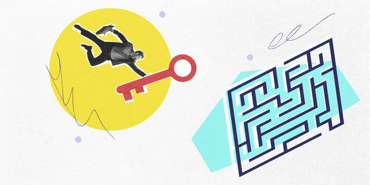 Businessman holding key leaping towards maze, symbolizing problem-solving, challenges, and success. Contemporary art collage. Concept of business, professional challenges, innovation