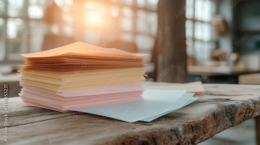 Poster a neatly stacked collection of colorful paper sheets sitting on a rustic wooden table, illuminated b