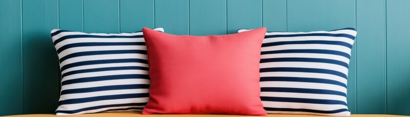 A vibrant arrangement of pillows, featuring a coral center pillow flanked by striped ones, set against a teal wall.