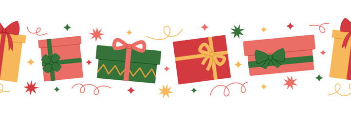 Horizontal border made from colorful gift boxes with bows. Holiday presents. Christmas or birthday repeating template for banner, packaging. Vector flat illustration isolated on white background