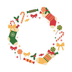 Circle frame made from colorful Christmas stockings and sweets. Xmas and New Year gifts. Holiday template for banner, greeting card. Vector flat illustration isolated on white background