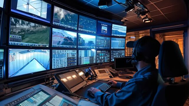 A security expert keeps watch over computer screens in a network operations center adjacent to a server room. Concept Network Security, Operations Center, Server Room, Monitoring Screens	

