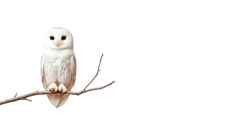 A barn owl perched on a slender branch, showcasing its distinctive facial features and plumage.