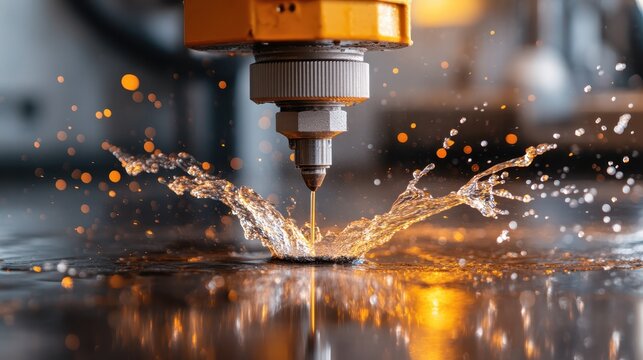 A close-up view of a waterjet cutter, capturing the precision and power of cutting, with dramatic splashes showcasing the technology and engineering involved.