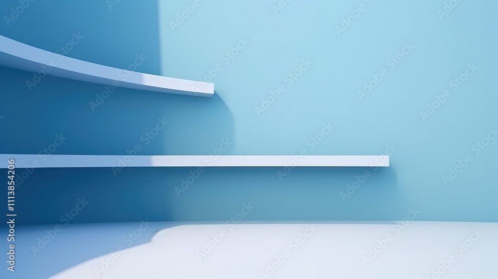 Poster soft bright blue wall and curve bar shelf for placement minimal mockup background simple illustratio